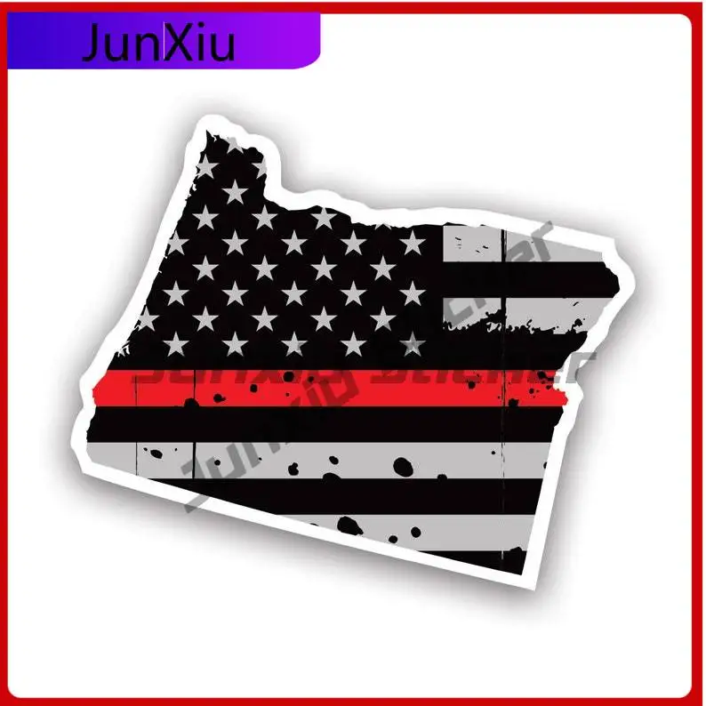 

Distressed Thin Red Line Oregon State Shaped Subdued Us Flag Sticker Uv Protected Decals Fire Firefighter Safety Or State Flag