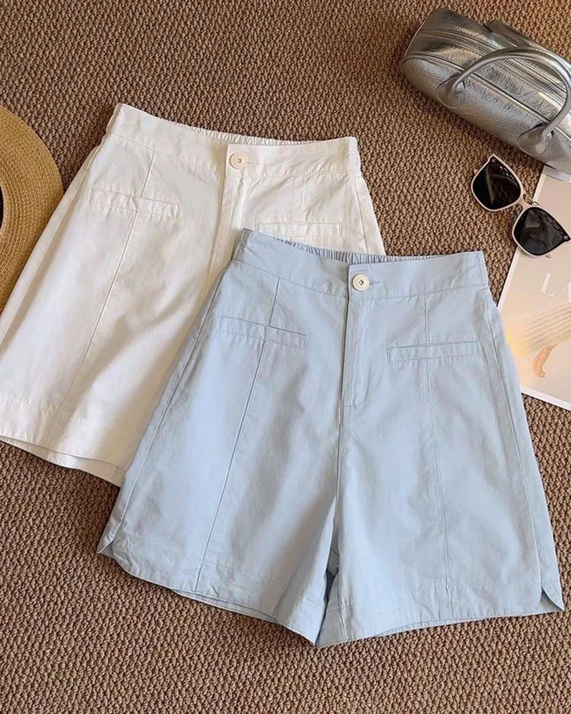 2025 Pantaloncini nuovo stile in cotone lavato Pantaloni a gamba larga a trapezio comodi ed eleganti per l'estate con design a vita alta