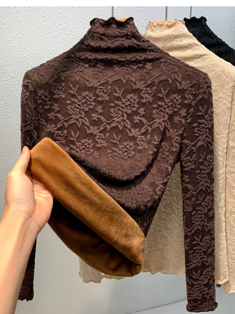 BOWEILUN High-Collar Lace Padded Bottoming Shirt Women French Retro Autumn and Winter Stacked Collar Slim Fit Long-Sleeved