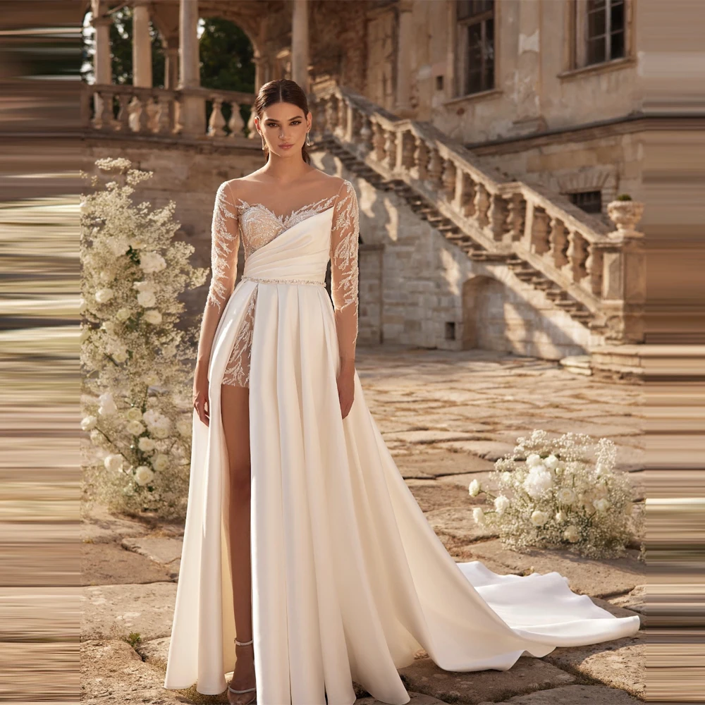 恋人襟レース袖ウェディングドレスマーメイドブライダルドレス優雅なモップ丈ボール Vestidos デノビアスカスタマイズ