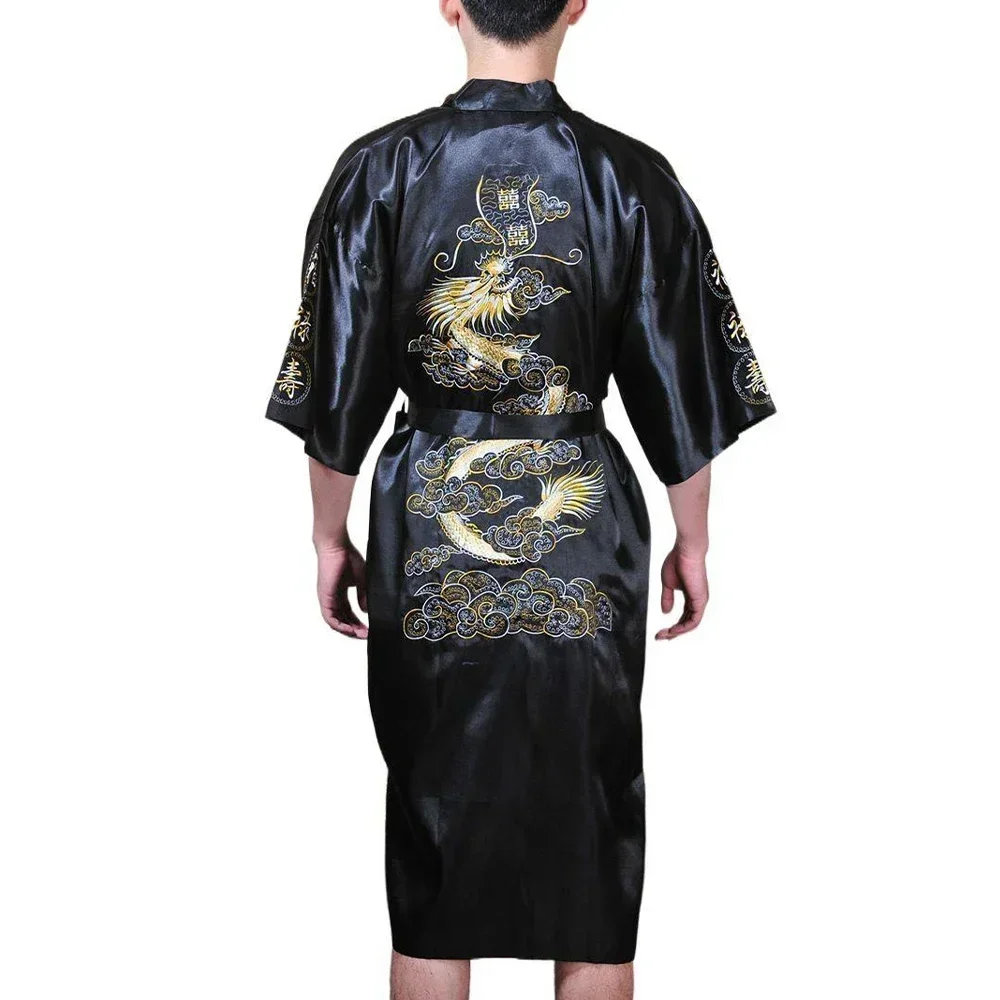 Men\'s Satin Robes Chinese Style Dragon Embroidery Kimono Silk-like Bathrobe Pajamas Sleepwear Gown Bath Robe