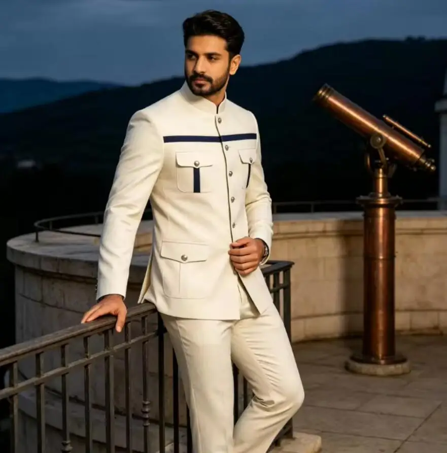 New Design Men Stand Collar Suit 2‑Piece Set Multi‑Pocket Military Style Jacket Pants Luxury Wedding Groom Formal Business Suits