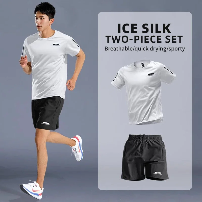 

Sportswear set, men's ice silk running quick-drying suit, short sleeves, shorts, fitness T-shirt, badminton suit
