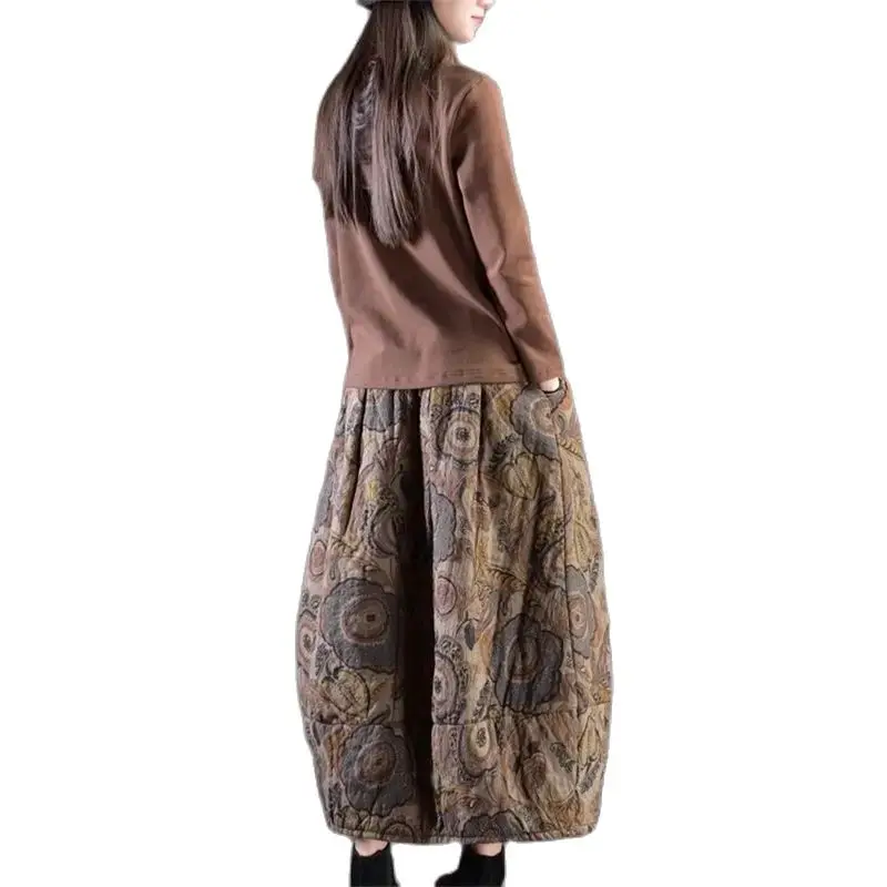 Women 2023 Winter Vintage Art Print Cotton Quilted Skirt Elastic Waist Warm And Thick Mid Length Cocoon Skirt Mujer Faldas Z3548