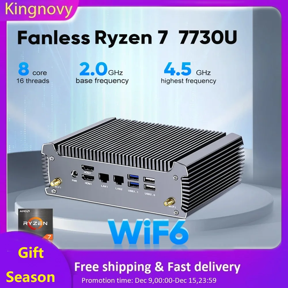 AMD Ryzen 7 7730U Fanless Mini PC 5800U FU02 Mini Gaming Computer Windows 11 desktop Dual LAN Firewall PC 2*HD NVMe DDR4 WiFi6