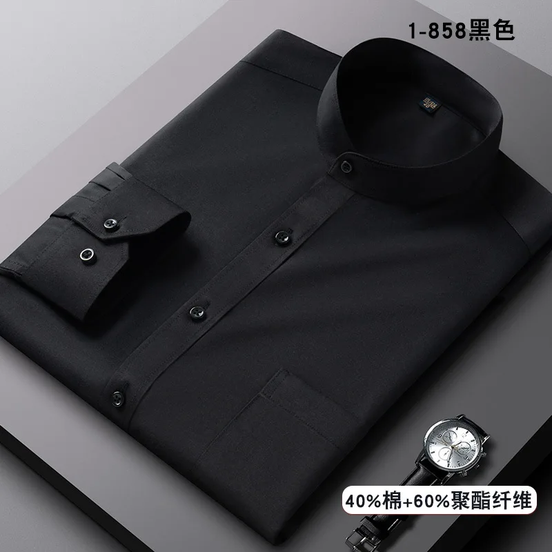 Stand Collar Shirt Men\'s Long Sleeve Chinese Style Tang Suit Breathable Anti-Wrinkle Easy Care Business Casual Dress Shirts