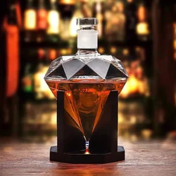 1000ml Whiskey Decanter glass diamond wine bottle with Wooden Holder Airtight Stopper Suitable for all kinds of alcohol Gift