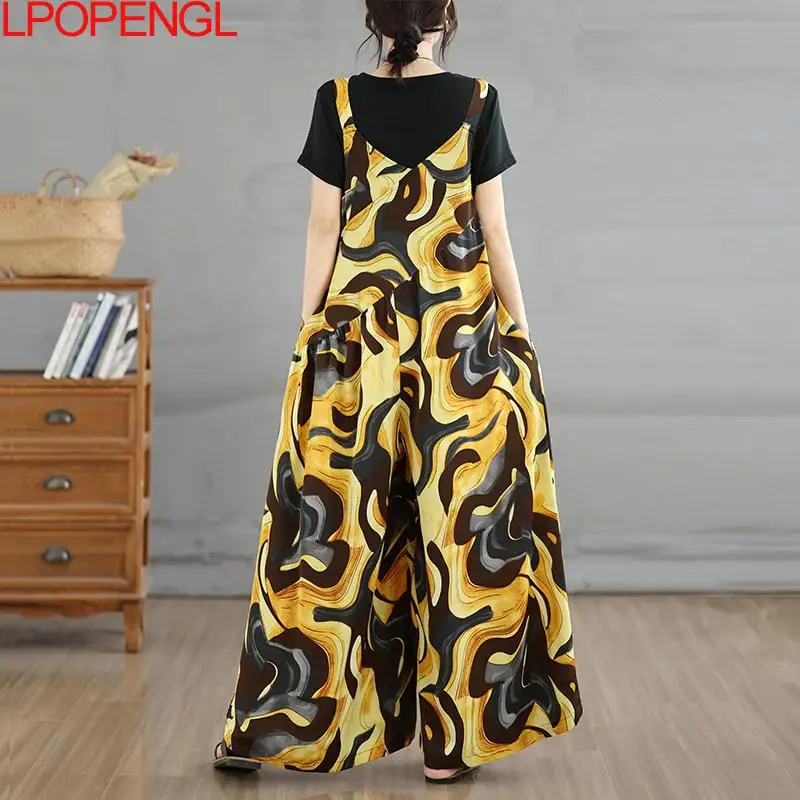 2026 New Fashion Women Retro Summer Loose Casual V-neck Overalls Wide Leg Jumpsuit Thin Comfortable Oversize One-piece Pants