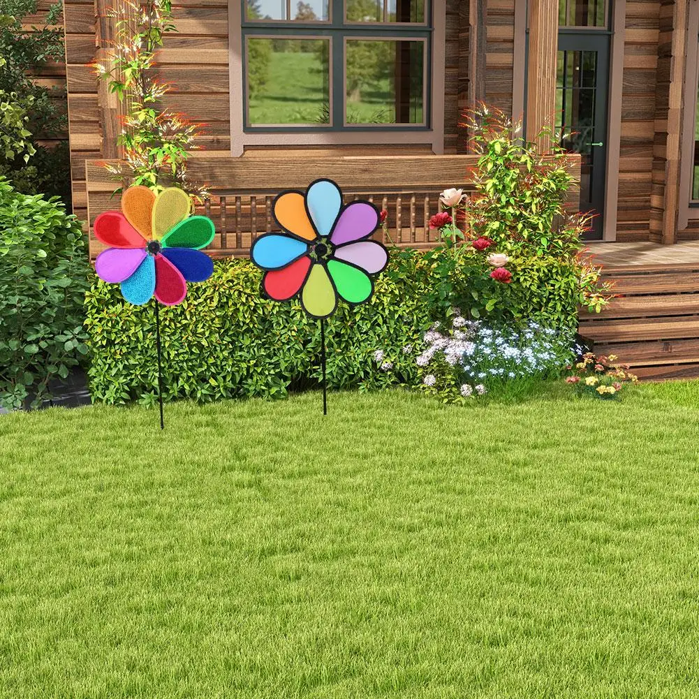 Lantejoula Windmill Floor Insert com punho plástico, Pinwheels ao ar livre, colorido para a festa, berçário, decoração do jardim