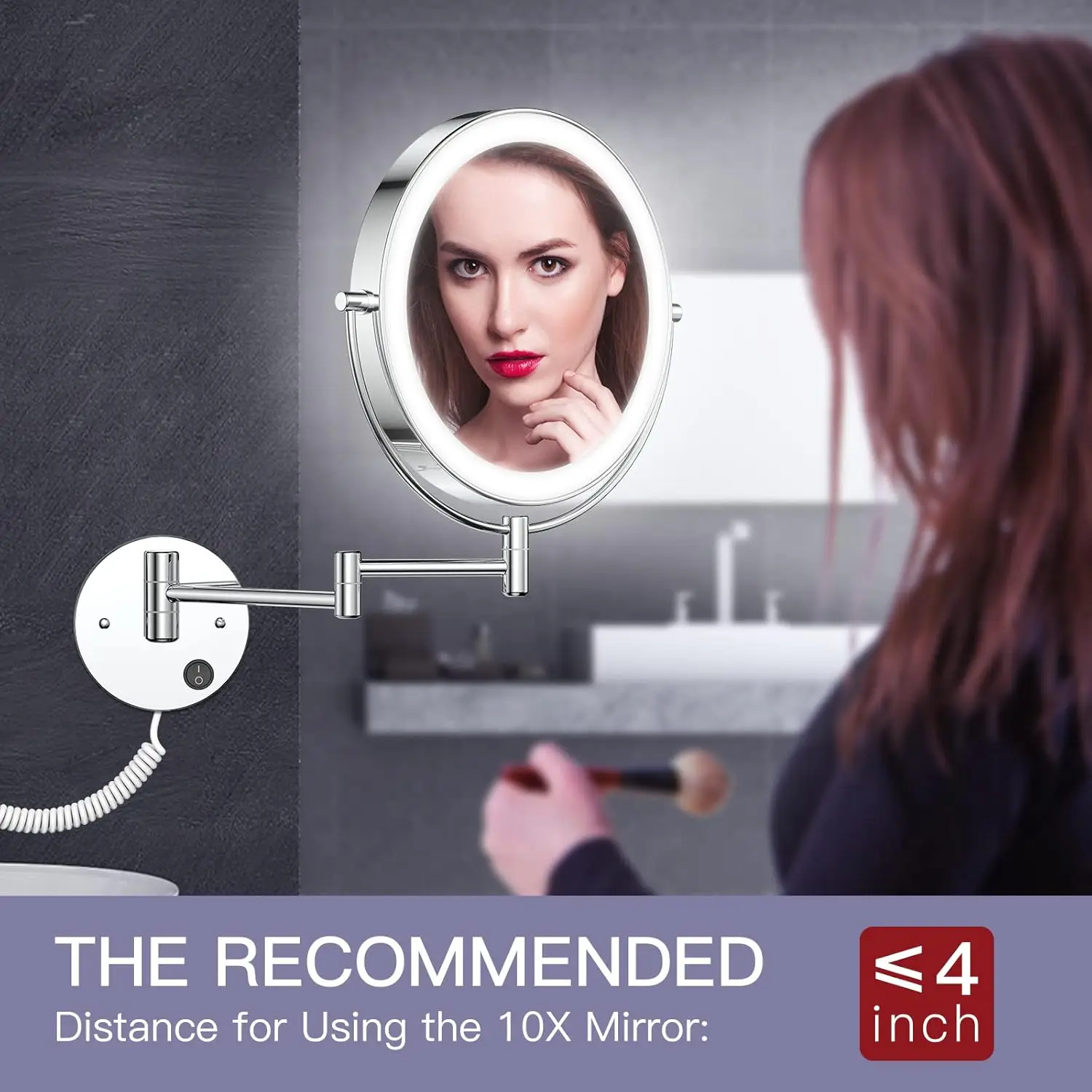 9" Wall Mounted Lighted Makeup Mirror, 1X/10X Magnifying 2-Sided AC Powered, 360° Swivel Extendable Arm