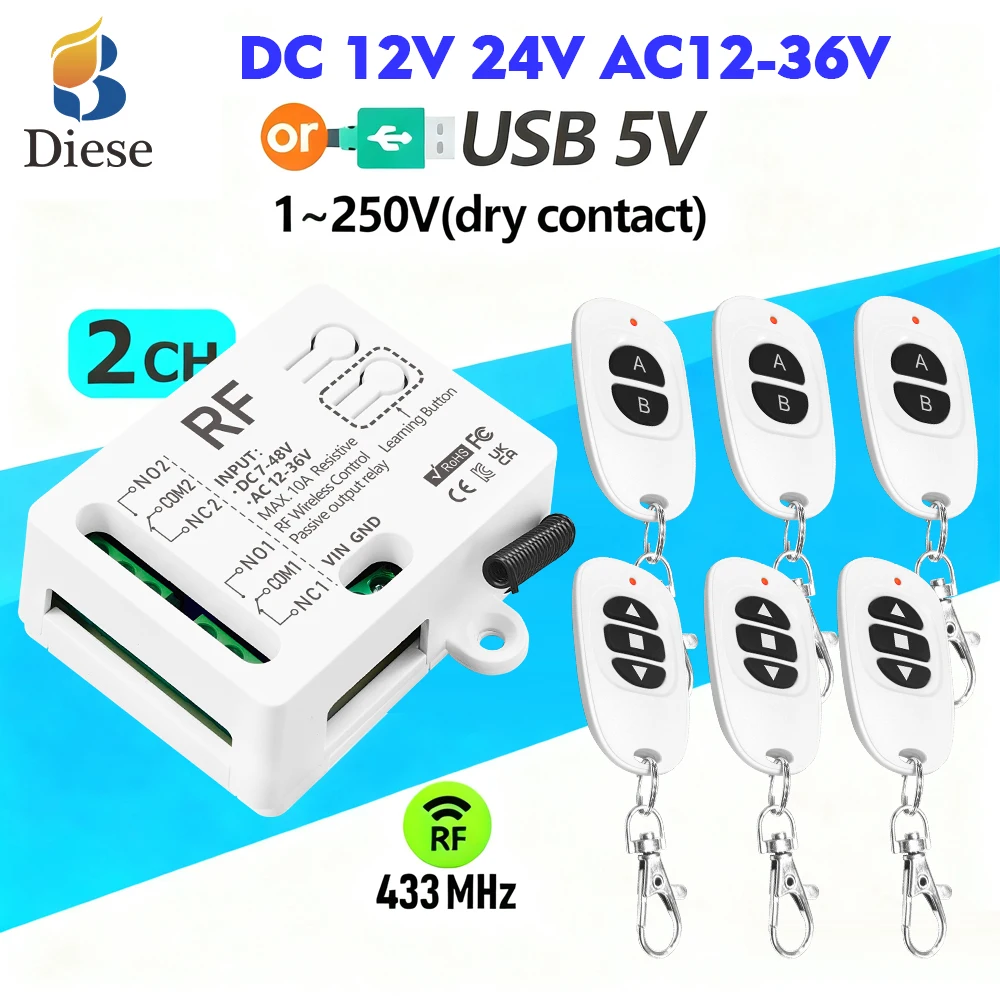 Universal Wireless RF433MHz Keyfob Remote Control Transmitter DC 12V 24V AC12-36V 2CH Receiver Relay for Motor Garage Gate Door