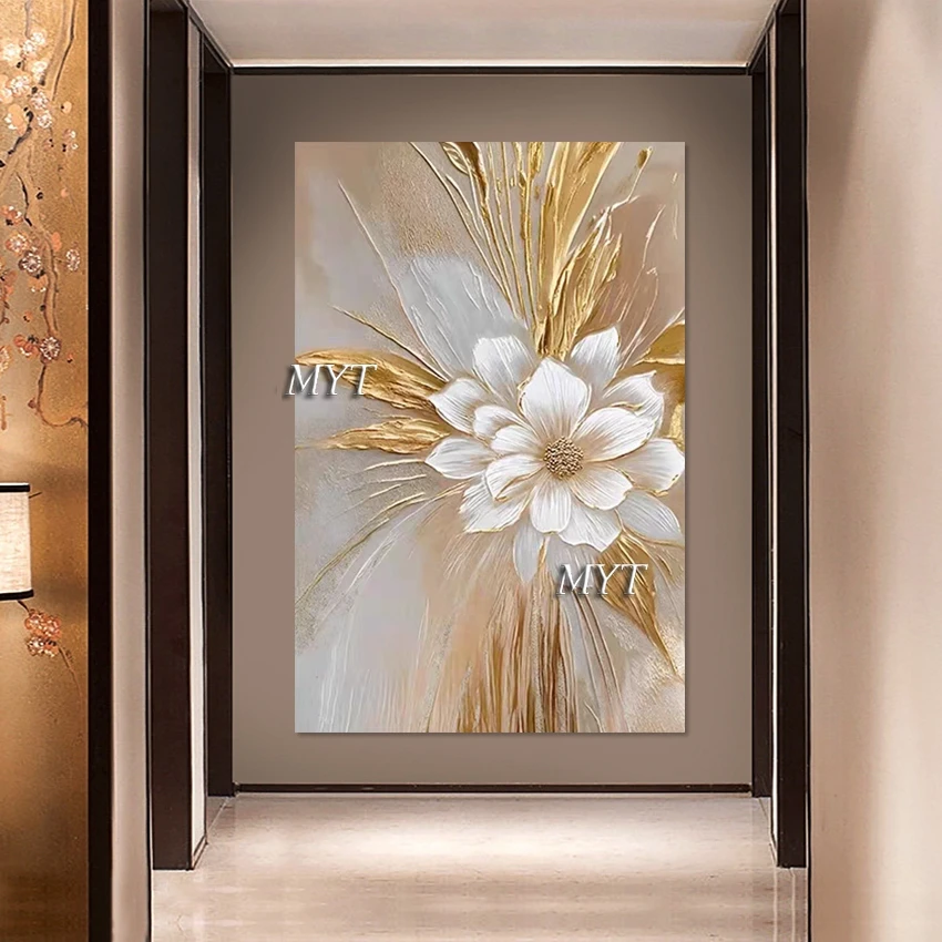 Abstract Handmade Frameless Design, Large Size Beautiful Flower Oil Paintings, Gold Foil Textured Art Wall, Decor Canvas Picture