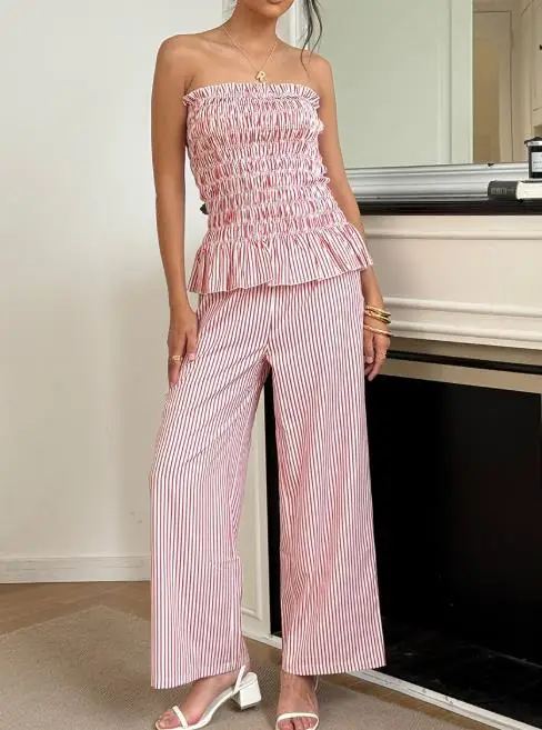 

2025 летние новые стильные комплекты из 2 предметов, женские наряды, топ без бретелек, прямые брюки, комплект женской одежды