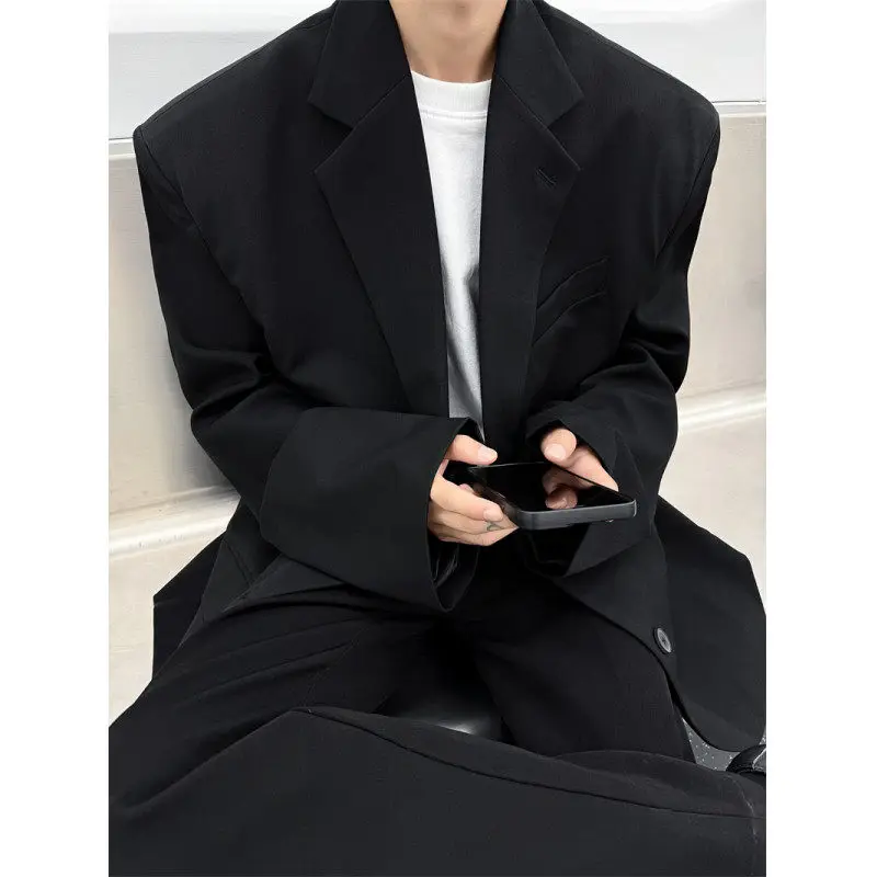 

Oversize oulder Padded Men's Suit Jaet Loose Fit Korean Sle Casual Bla Suit Outerwear Trendy Youth Polyester Fiber