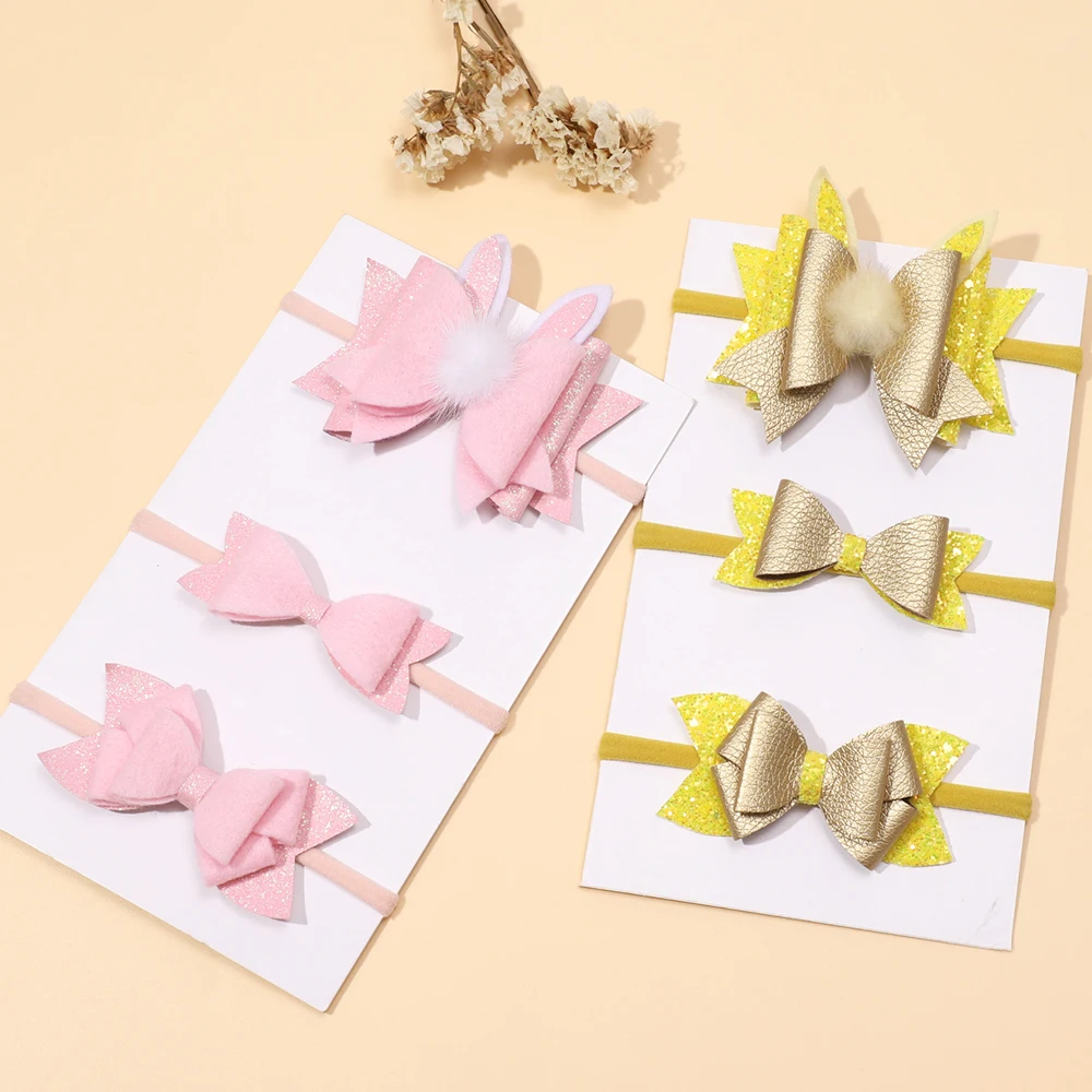 3Pcs/Lot Sweet Baby Bows Headband For Girls Glitter Non-woven Newborn Hair Bands Soft Elastic Boutique Headwear Hair Accessories