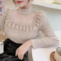 2024 Autumn New Versatile Commuter Temperament Lace Top Exquisite Mesh Semi-turtleneck Women's Long-sleeved Chiffon Blouse