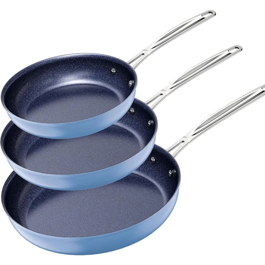 

3Piece Fry Pan Set 8 10 12 Forged Lightweight G10 Healthy Duralon Blue Ceramic Ultra NonStick InductionReady and Works on All C