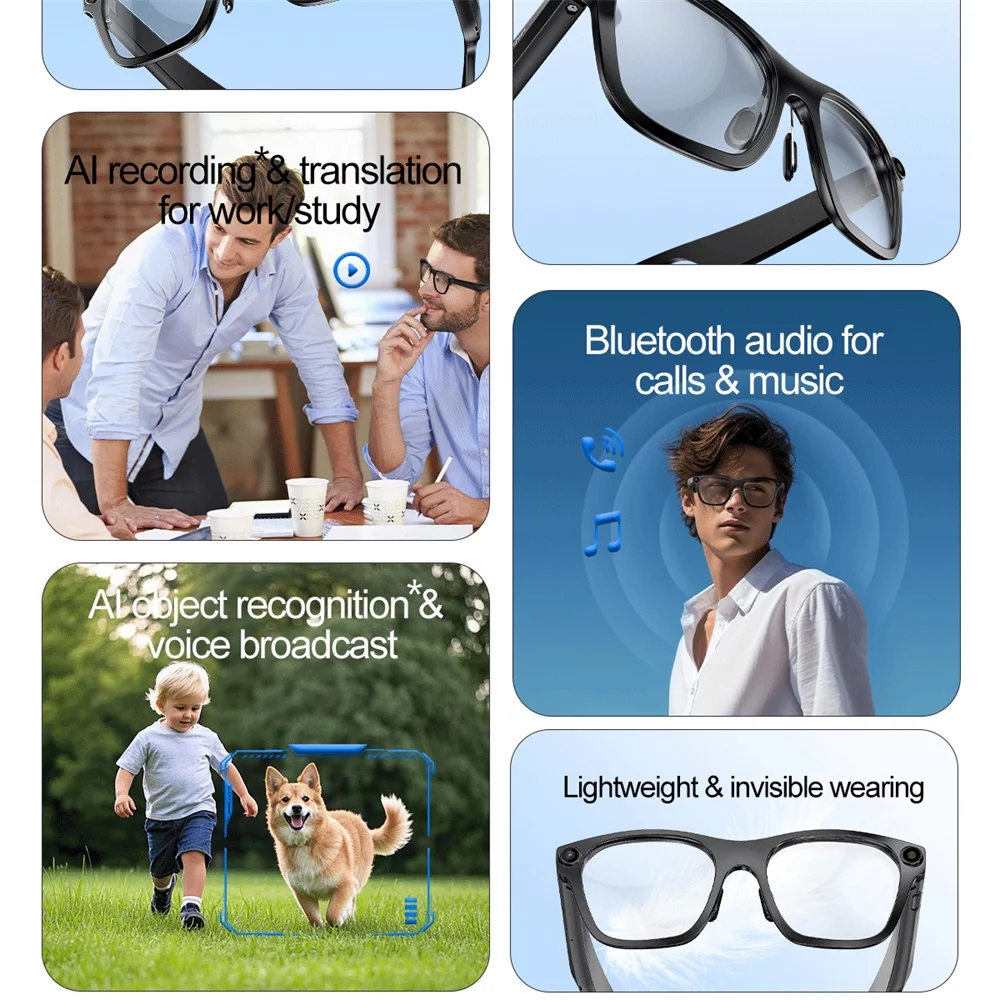 AI Object Recognition Multi-functional Highend Smart Camera Glasses 2000W 1080P HD Video Voice Recording Translation ANC Headset