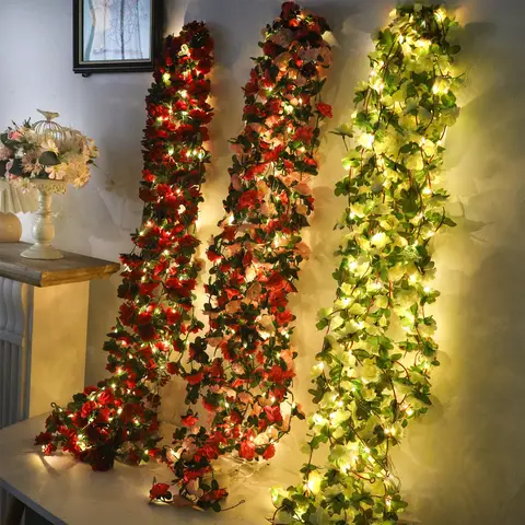 Rose LED Lights String Artificial Flowers Ivy Leaves Wedding Garland Home Room Decoration Arch Hanging Wall Garden Party Decor
