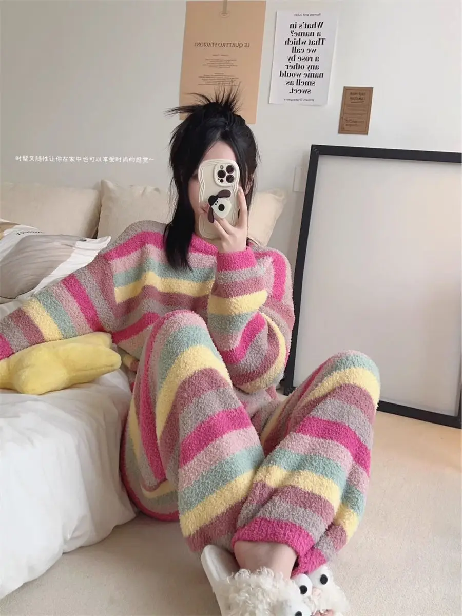 Rainbow Pajamas Colored Striped Coral Fleece Sleepwear Women Winter Flannel Nighty Thick Plush Knitted Home Wear Suit Sleepwear