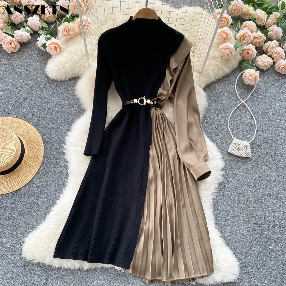 Autumn Winter Dress For Women Luxury Stand Collar Knitted Dress Gradient Color Pleated Waist-controlled Sweater Dress