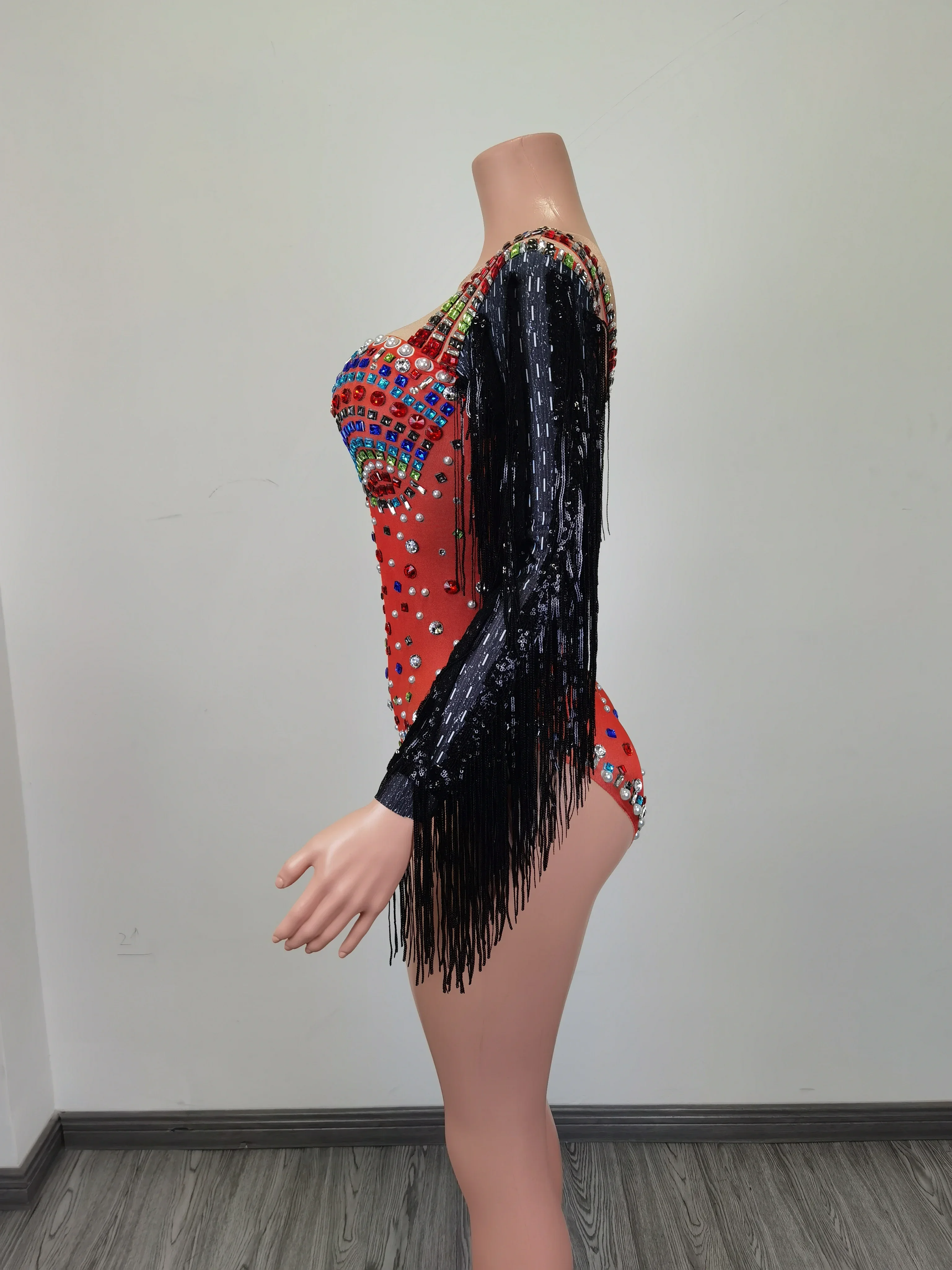 Sexy Elastic Colorful Rhinestone Tassel Sleeves Rhinestones Leotard Women Stage Bodysuit Club Dance Playsuit Performance Costume