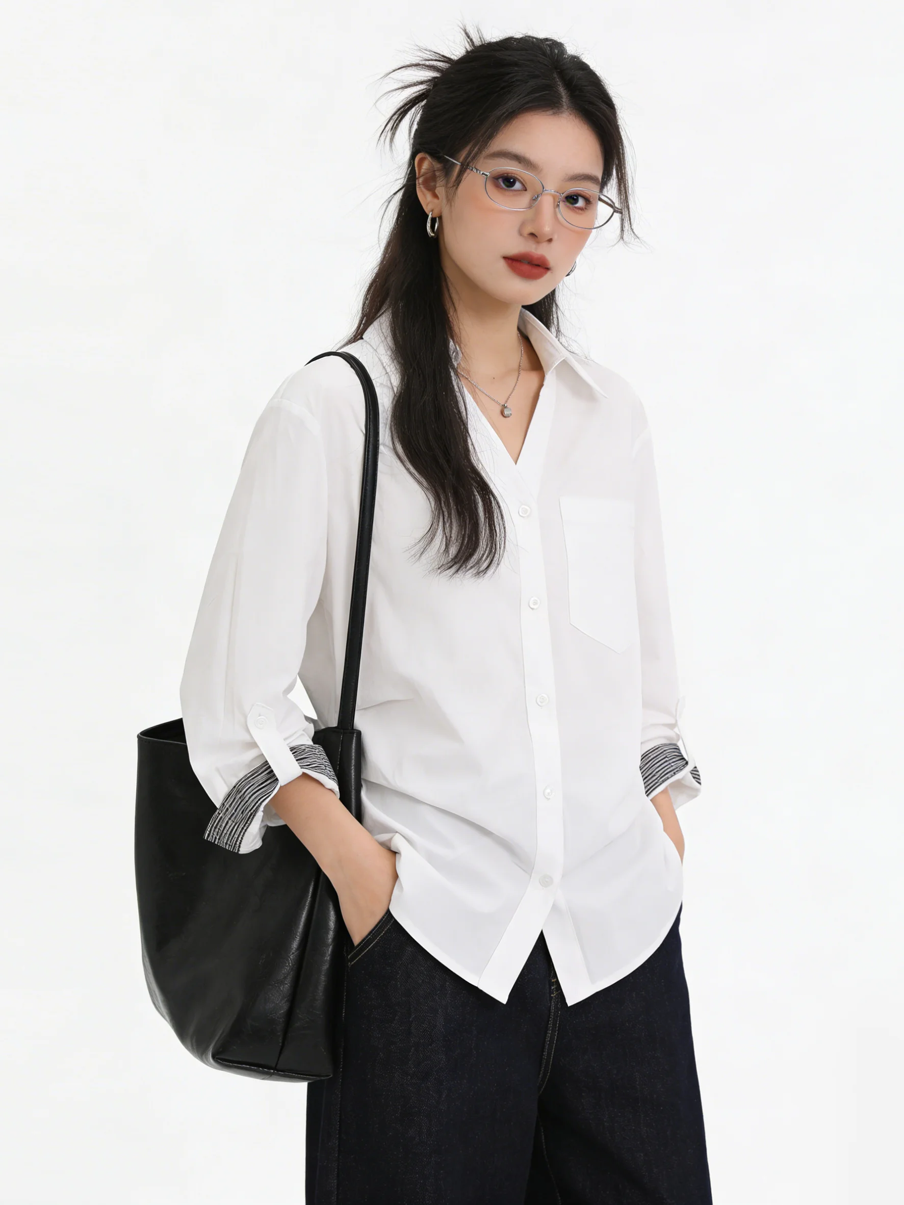 

White V-neck Slim Fit Shirt Korean Style Checkered Contrast Color Commute Friendly Loose Long Sleeve Women's Fashion Top