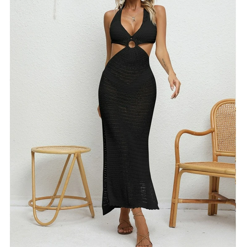 Robe de plage sexy et ajustée, avec taille exposée, col licou, bretelles en V profond, protection solaire, robe longue une pièce
