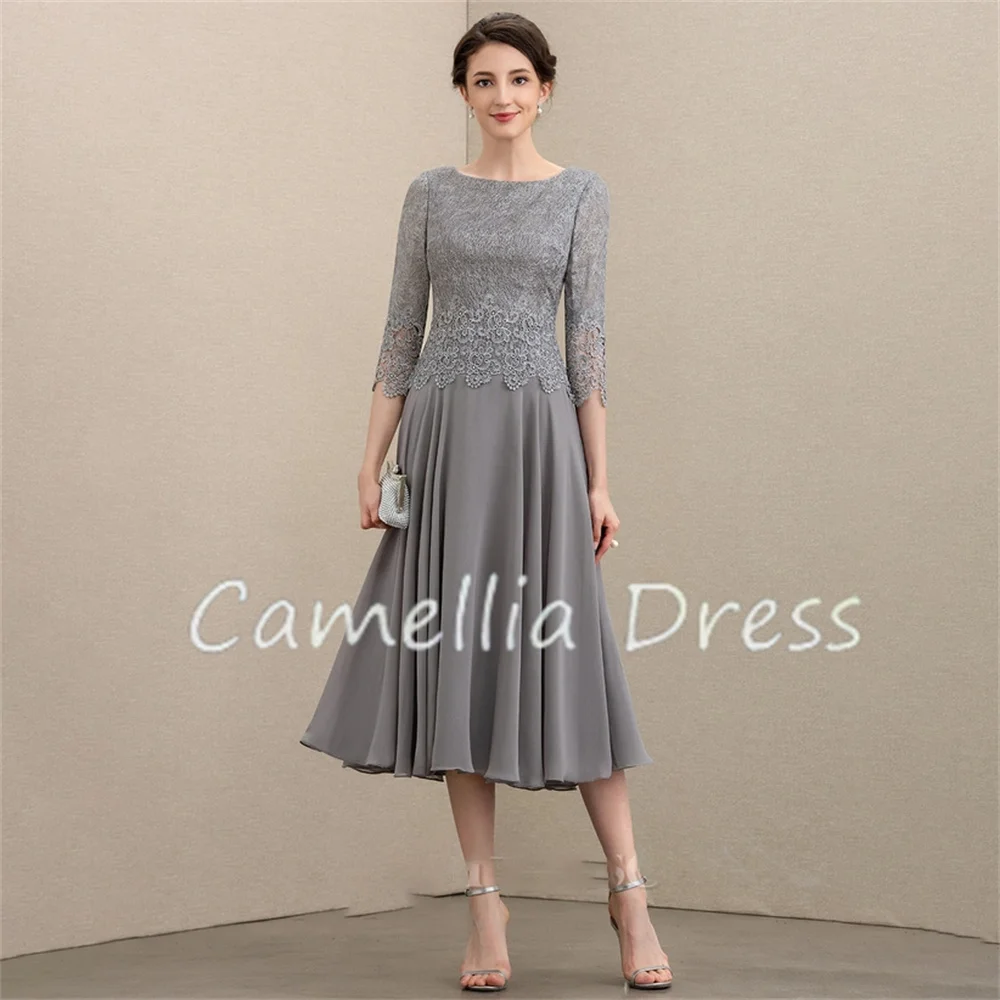 Classic Scoop Neck Mother Of The Bride Dress A-line Tea-Length Chiffon Lace Formal Dresses Vestidos Mae Da Noiva Casamentos