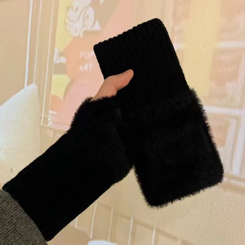 Mink Fleece Soft Winter Warmth Half Finger Gloves For Women's Solid Color Plush Knitted Fingerless Gloves Wrist Mittens Writting