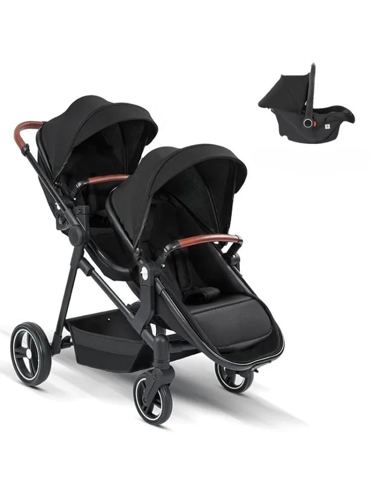 Tragen Sie einen einzelnen Autositz mit. Hochwertiger Zwillingskinderwagen mit hoher Sitzposition. Tragbar und kann in einen leichten Kinderwagen zerlegt werden.