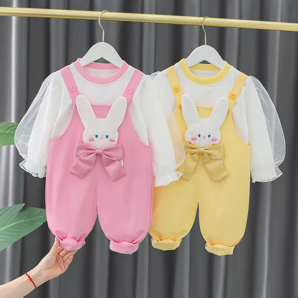 2024 New Fashion Kids Girl Clothing Sets Autumn Baby Girl Clothes Suits Cotton Children\'s Shirt+Straps Toddler pants Rabbit