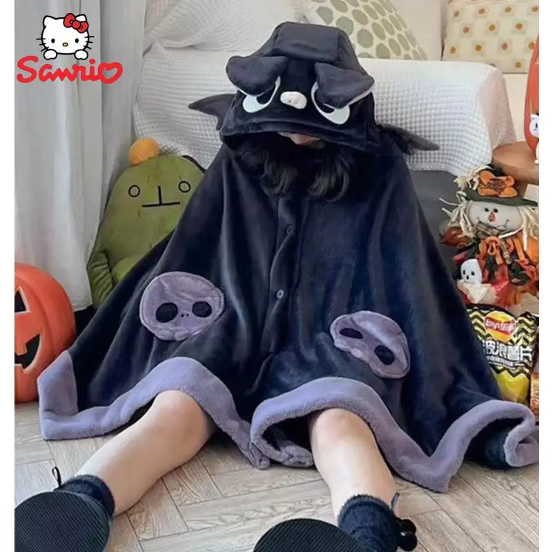 Kuromi Bat Plush Velvet Cloak Pajamas Y2K Anime Shawl Shark Foxes Sleepwear Adults Winter Thickened Pajamas Female Blanket Cape