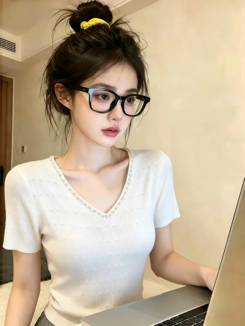 

Diamond Embedded V-Neck Short Sleeve Knitted Sweater Women's Summer New Gentle Sweet Match Upper Body Self-Preserving Style