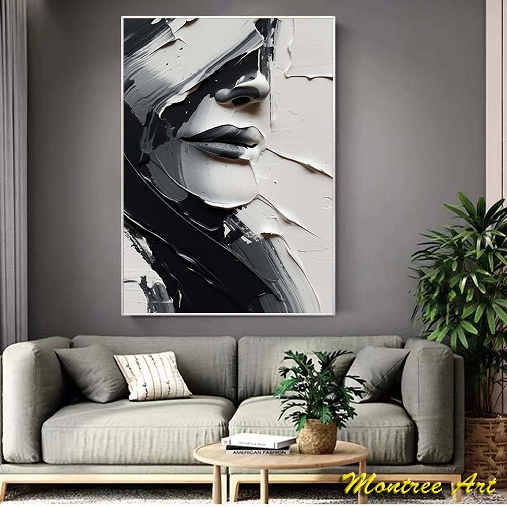 Hand Painted Oil Painting Abstract Black And White Face oil Painting Black White Wall Art Large Black And White Painting Decor