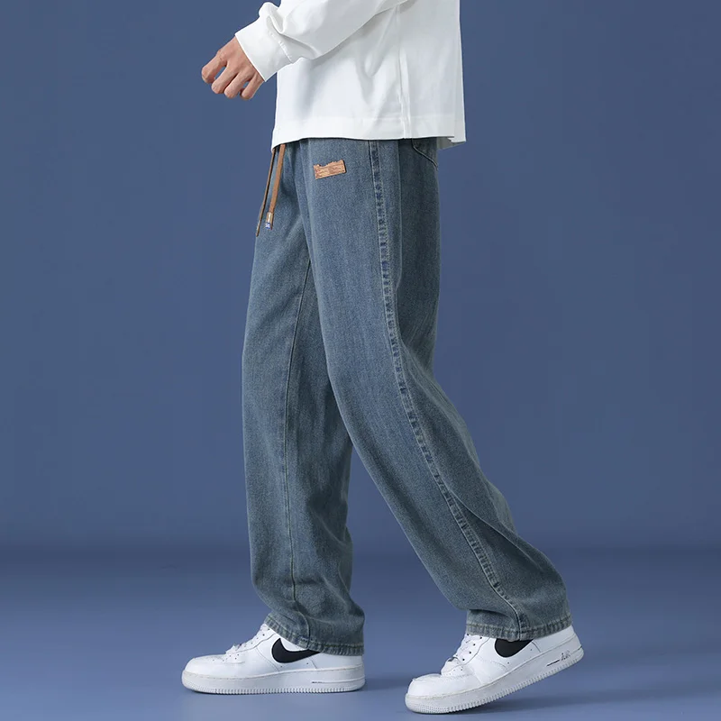 2024 Korean Fashion Men's Baggy Jeans Elastic Waist Classic Straight Wide Leg Denim Pants Male Casual Jeans for Men Streetwear