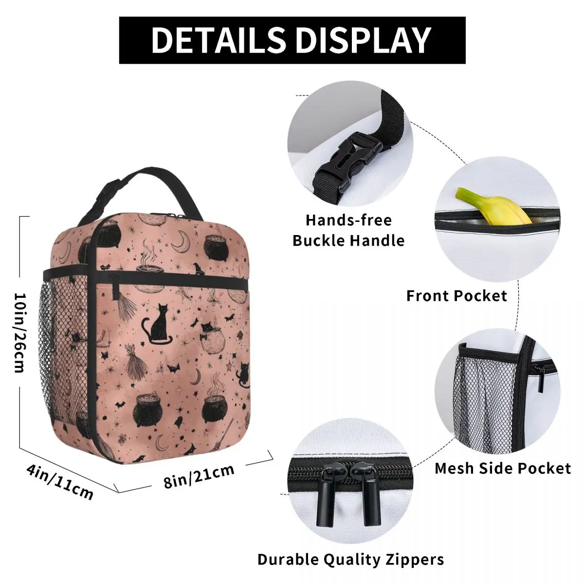 Cat Heads Witch Element And Skeleton Insulated Lunch Bag for School Cooler Thermal Food Box Tote Leakproof Lunch Boxes Container