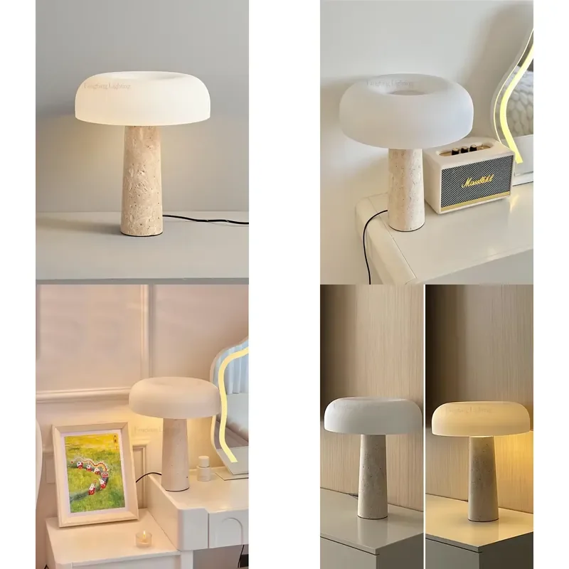 Modern Travertine Table Lamp Natural Stone LED Desk Lamp Indoor Decor Lighting Bedroom Living Room Study Matte Glass