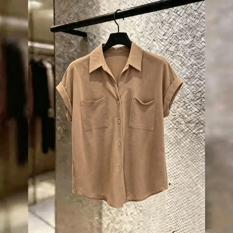 

Summer Loose Pocket Patchwork All-match Casual Blouse Short Sleeve Neck Solid Office Shirts Fashion Vintage Women Clothing