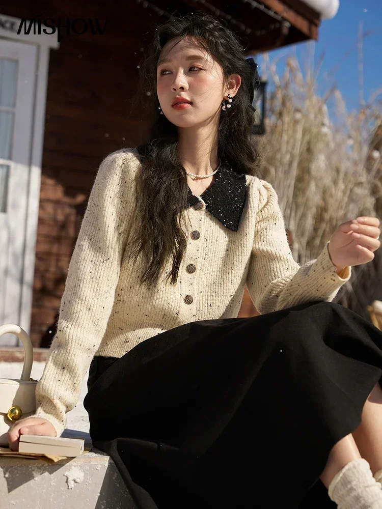 Autumn Winter Cropped Knitted Sweater Women Vintage Office Ladies Lapel Contrasting Polo Neck Knitted Cardigan Tops MXC56Z0440