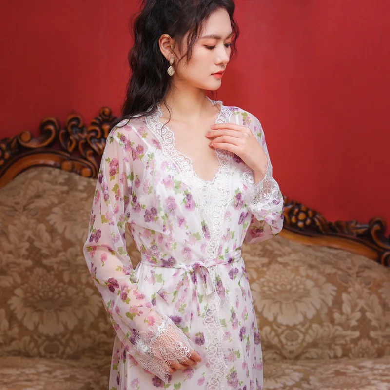 Floral Mesh Night Dress Robe Sets Women Two Pieces Sexy Long Peignoir Romantic Nightgown Bathrobe Nightwear Princess Sleepwear