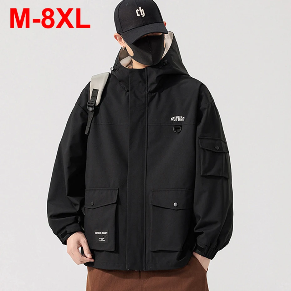 

7XL 8XL ветровки, мужские пальто-карго с несколькими карманами, черные куртки больших размеров 6XL, верхняя одежда, мужские весенне-осенние куртки с капюшоном