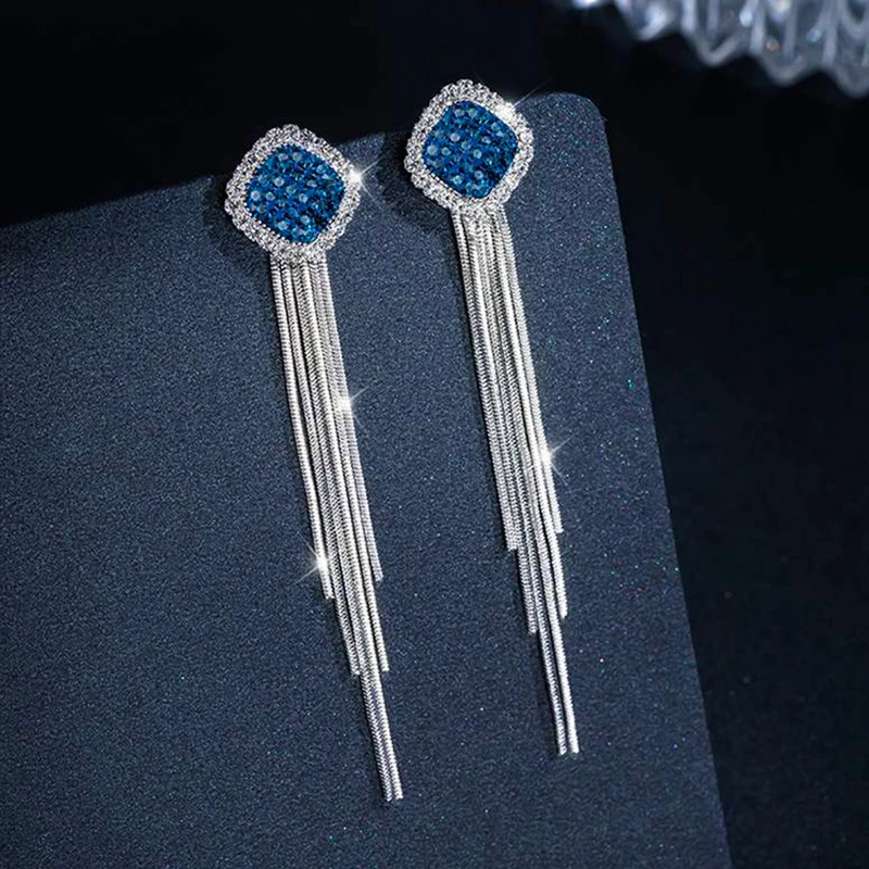 Square Blue Zircon Silver Color Long Tassel Stud Earrings for Women New Elegant Delicate Charming Ladies Wedding Premium Gift