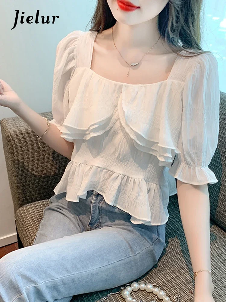 

Jielur Summer New French Slim Women Blouse Solid Color Sweet Ladies Elegant Blouse Woman Chicly White Black Loose Top Female