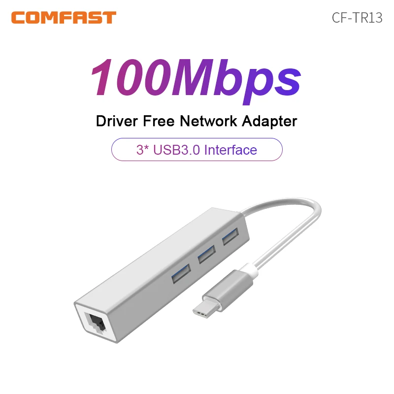 Comfast 3Port USB HUB TypeC to Ethernet LAN RJ45 Adapter Wired Network Card Converter Cable USB Hubs Network Adapter For Macbook