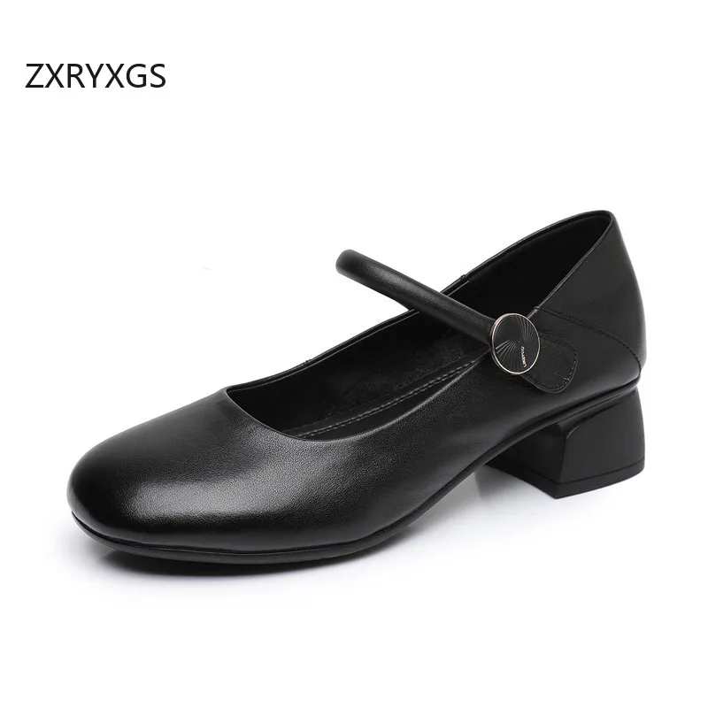 

Женские туфли из воловьей кожи ZXRYXGS, с круглым носком, на среднем каблуке, на весну/лето, новинка 2024, удобные туфли на толстом каблуке, 32, маленький размер 43, большой размер