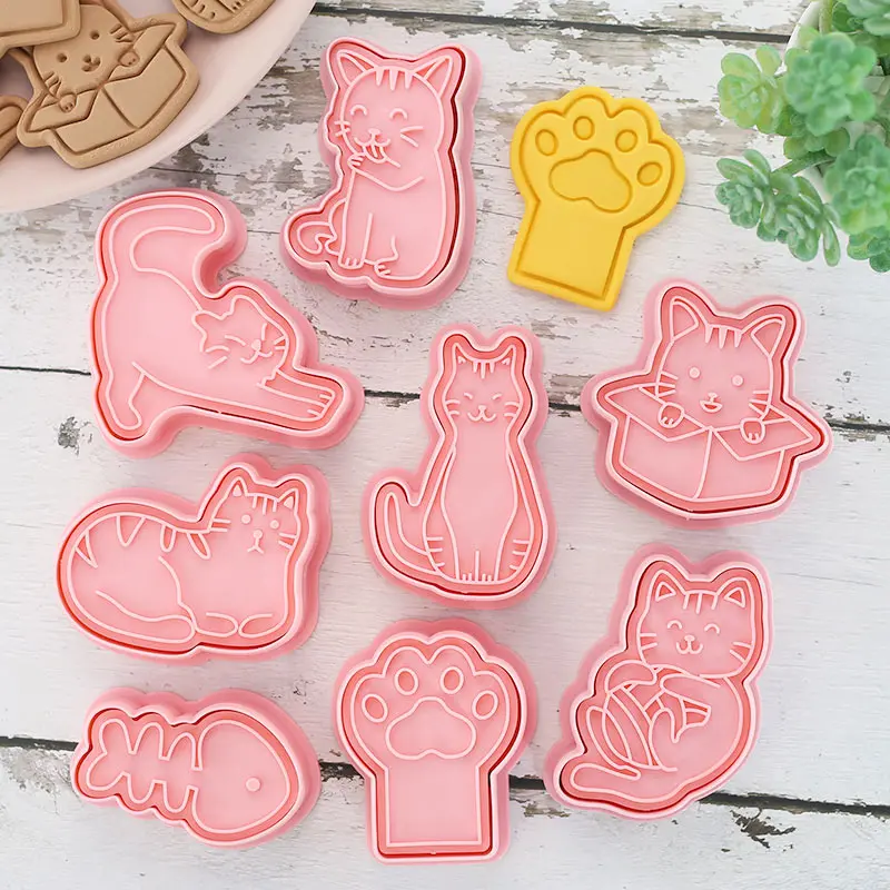 Juego de cortadores de galletas de gato, moldes de plástico 3D de dibujos animados para galletas, sello de galletas, herramienta de pastelería para