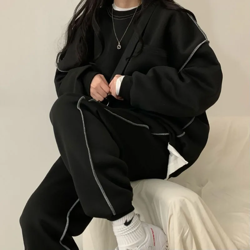 

2024 New Fashionable Casual Solid Color Pullover Sportswear Women's Long Sleeve Top Loose Leggings Set Cotton 2-Piece Sportswear