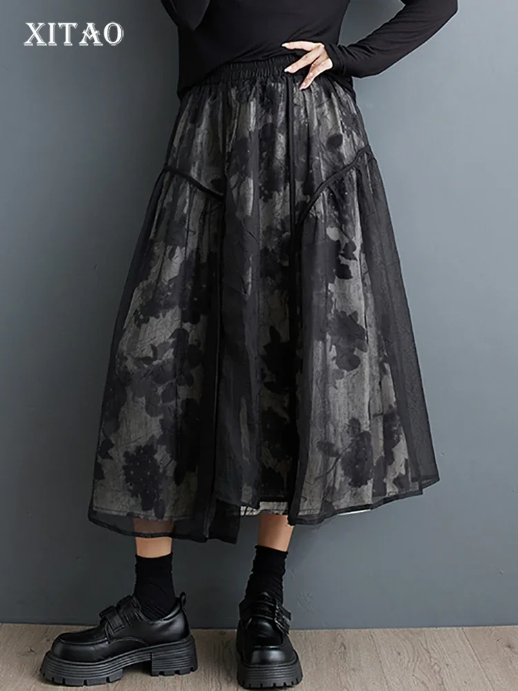 

XITAO Gauze Patchwork Print Fashion Skirts Elastic Waist Loose A-line Mid-calf Casual All Match Skirts 2025 Spring New ZY8915