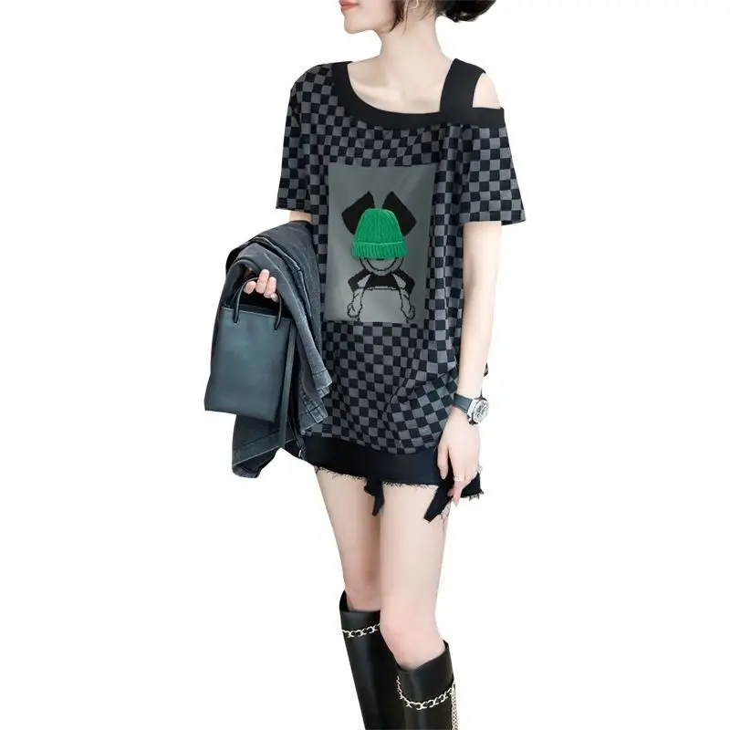 High Street Stylish Checkerboard Printed T-shirt Summer Casual Slash Neck Off Shoulder Sexy Women's Clothing Patchwork Pullovers